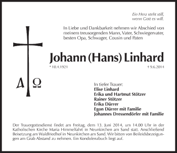 Traueranzeige von Johann Linhard von Pegnitz-Zeitung